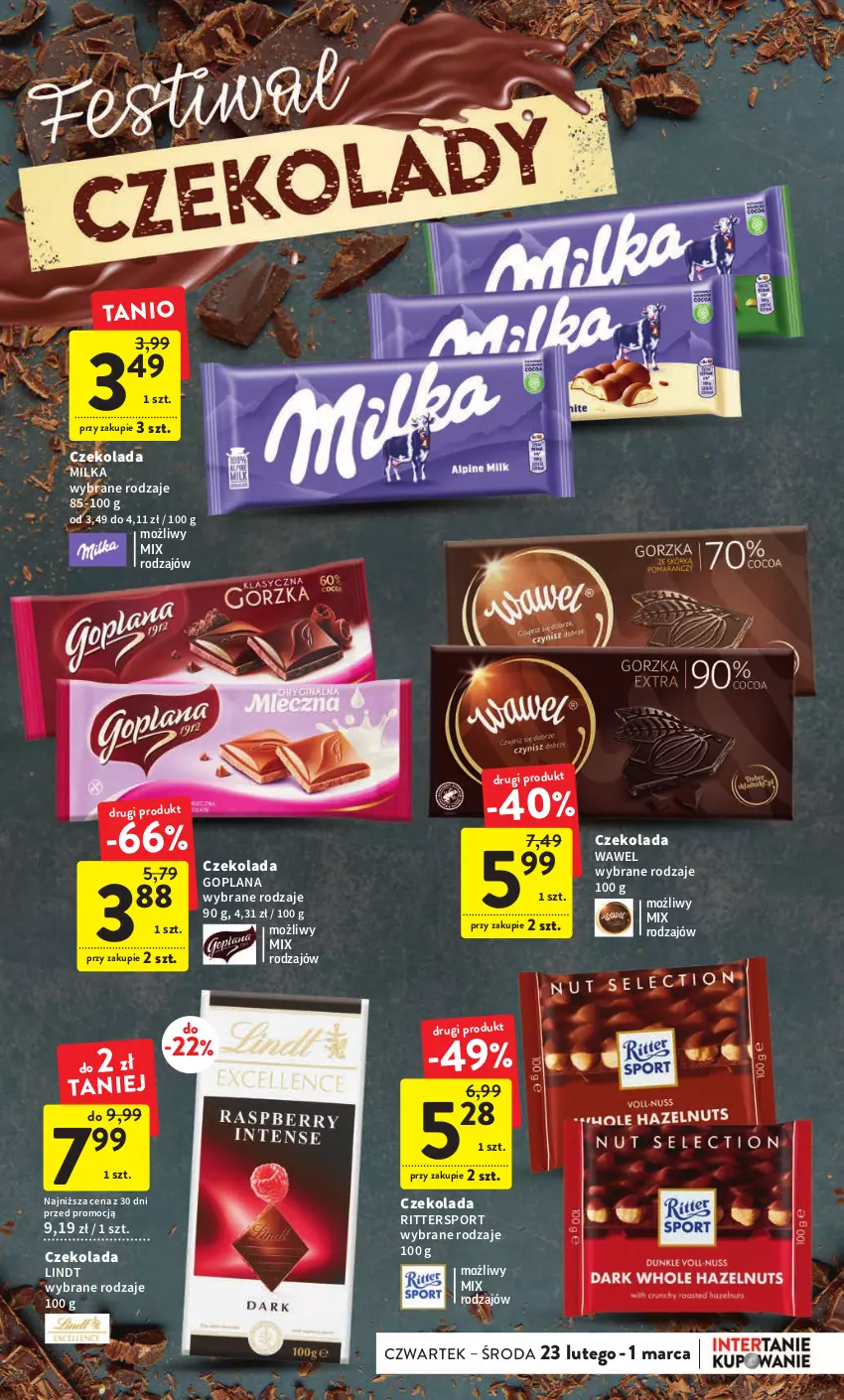 Gazetka promocyjna Intermarche - Gazetka Intermarche - ważna 23.02 do 01.03.2023 - strona 27 - produkty: Czekolada, Goplana, LANA, Lindt, Milka, Por, Sport, Wawel