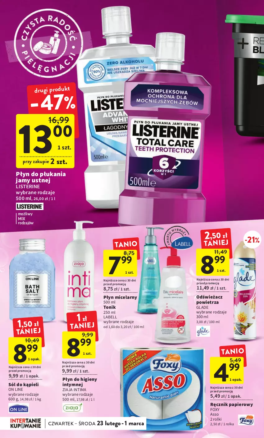 Gazetka promocyjna Intermarche - Gazetka Intermarche - ważna 23.02 do 01.03.2023 - strona 34 - produkty: Bell, Foxy, Listerine, Odświeżacz powietrza, Papier, Płyn do higieny intymnej, Płyn do płukania, Płyn do płukania jamy ustnej, Płyn micelarny, Ręcznik, Rolki, Sól, Sól do kąpieli, Tonik, Ziaja