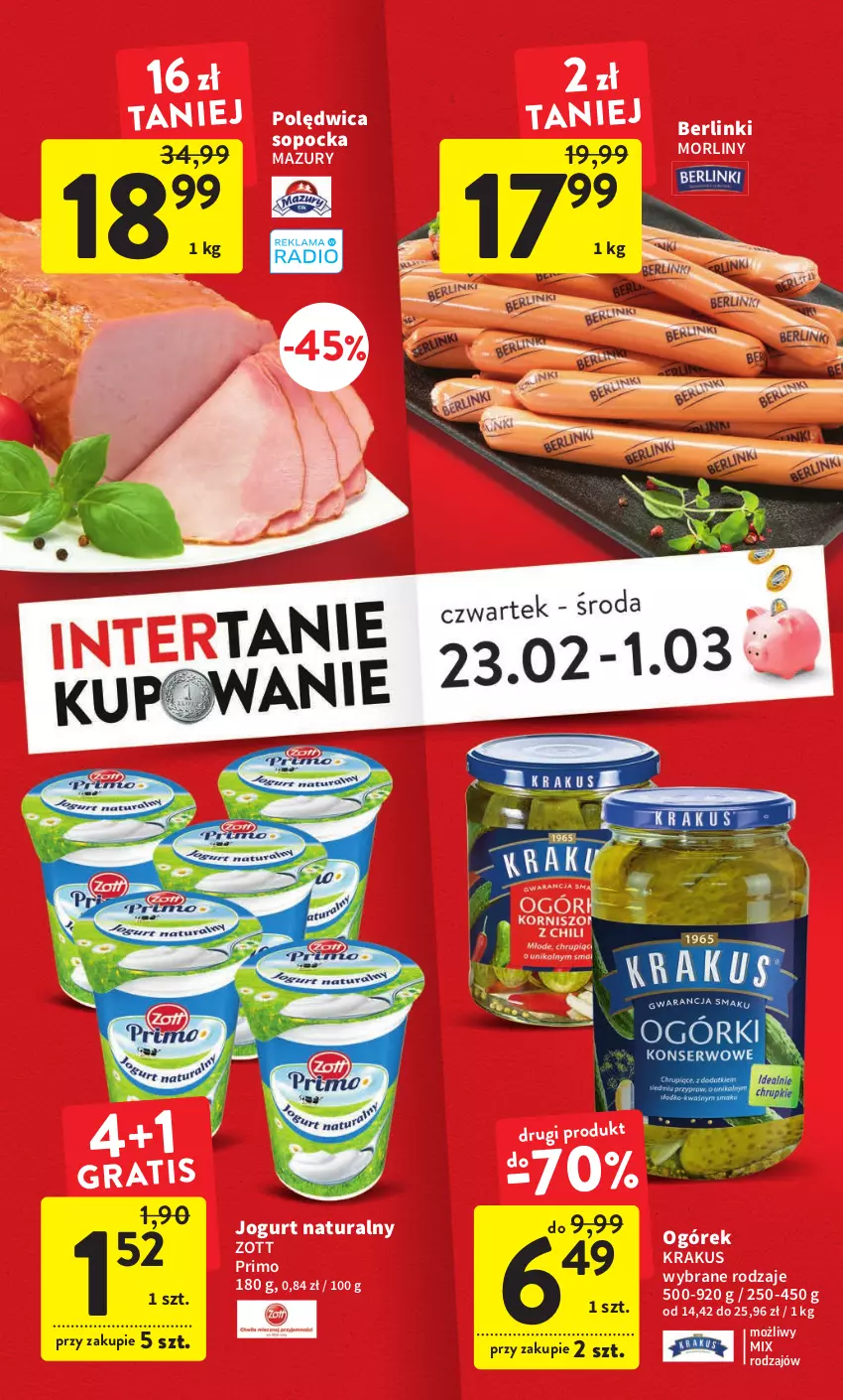 Gazetka promocyjna Intermarche - Gazetka Intermarche - ważna 23.02 do 01.03.2023 - strona 8 - produkty: Berlinki, Jogurt, Jogurt naturalny, Krakus, Morliny, Ogórek, Polędwica, Zott, Zott Primo