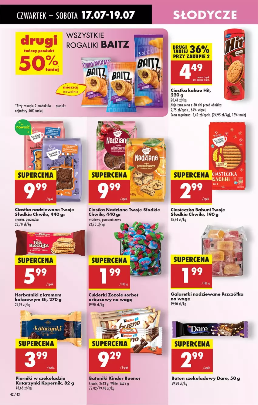 Gazetka promocyjna Biedronka - Od Czwartku - ważna 17.07 do 23.07.2025 - strona 50 - produkty: Arbuz, Babuni, Baton, Ciastka, Cukier, Cukierki, Fa, Gala, Galaretki, Herbatniki, Kakao, Kinder, Kinder Bueno, Morela, Piernik, Pierniki w czekoladzie, Por, Rogal, Tonik