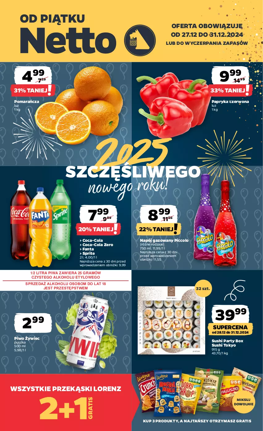 Gazetka promocyjna Netto - Od Piątku Przemysłowa - ważna 27.12 do 31.12.2024 - strona 1 - produkty: Coca-Cola, Fa, Fanta, Gra, Lorenz, Napój, Napój gazowany, Papryka, Papryka czerwona, Piwa, Piwo, Sprite, Sushi