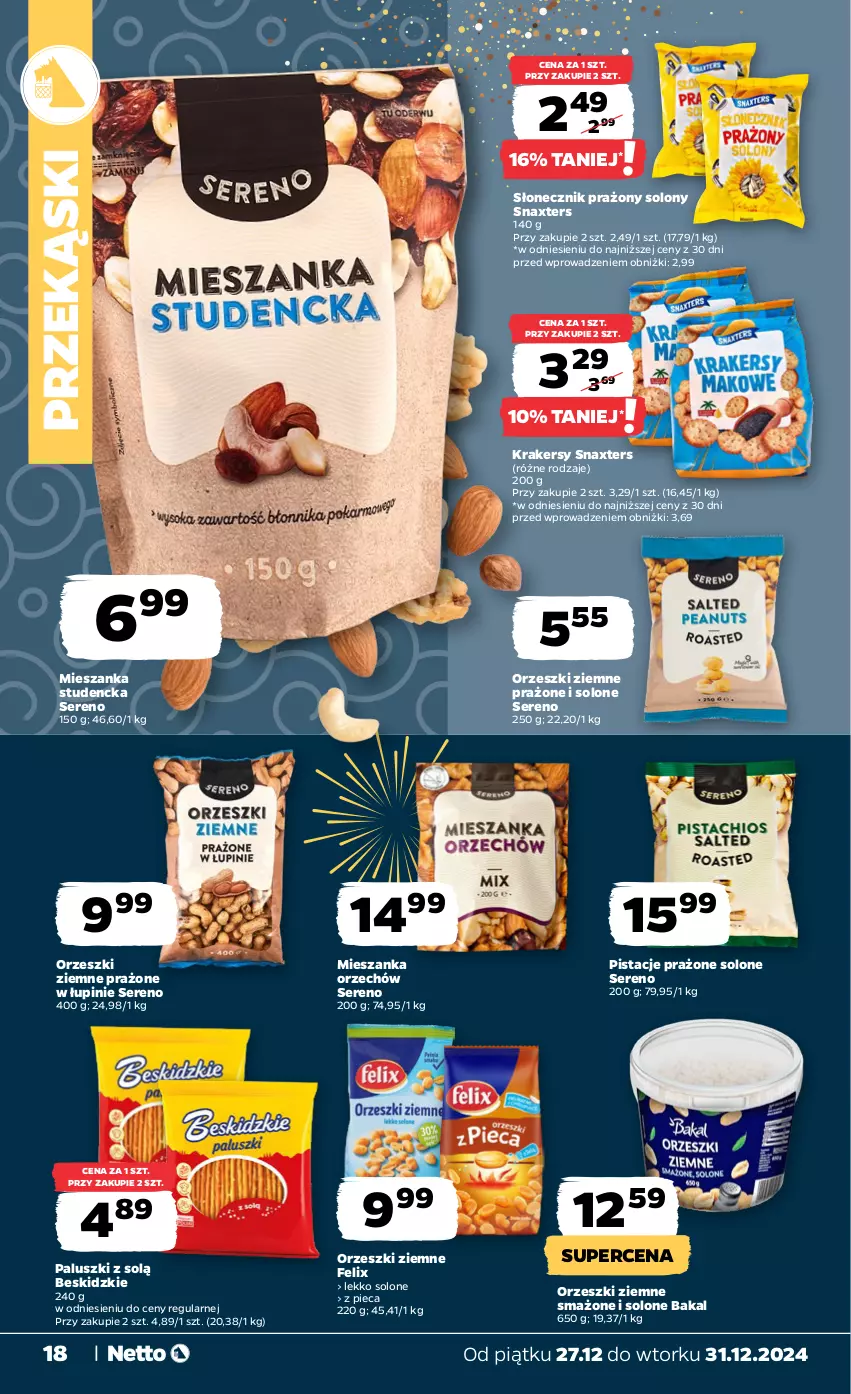 Gazetka promocyjna Netto - Od Piątku Przemysłowa - ważna 27.12 do 31.12.2024 - strona 18 - produkty: Beskidzki, Felix, Krakersy, Mieszanka studencka, Orzeszki, Orzeszki ziemne, Piec, Pistacje, Ser, Słonecznik prażony