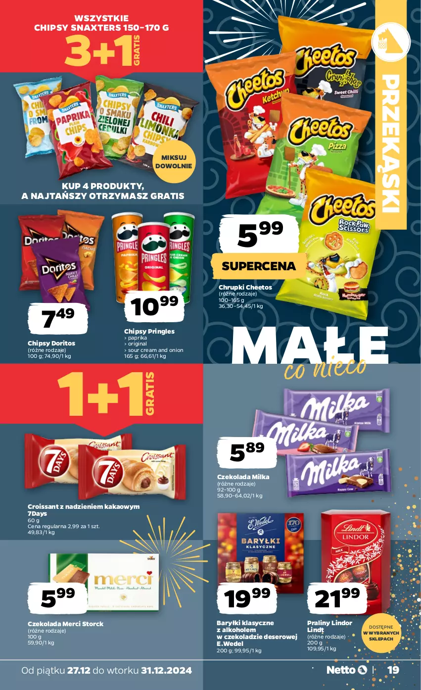 Gazetka promocyjna Netto - Od Piątku Przemysłowa - ważna 27.12 do 31.12.2024 - strona 19 - produkty: Alkohole, Baryłki, Cheetos, Chipsy, Chrupki, Croissant, Czekolada, Deser, Gin, Gra, Kakao, Lindor, Lindt, Merci, Milka, Praliny, Pringles, Ser