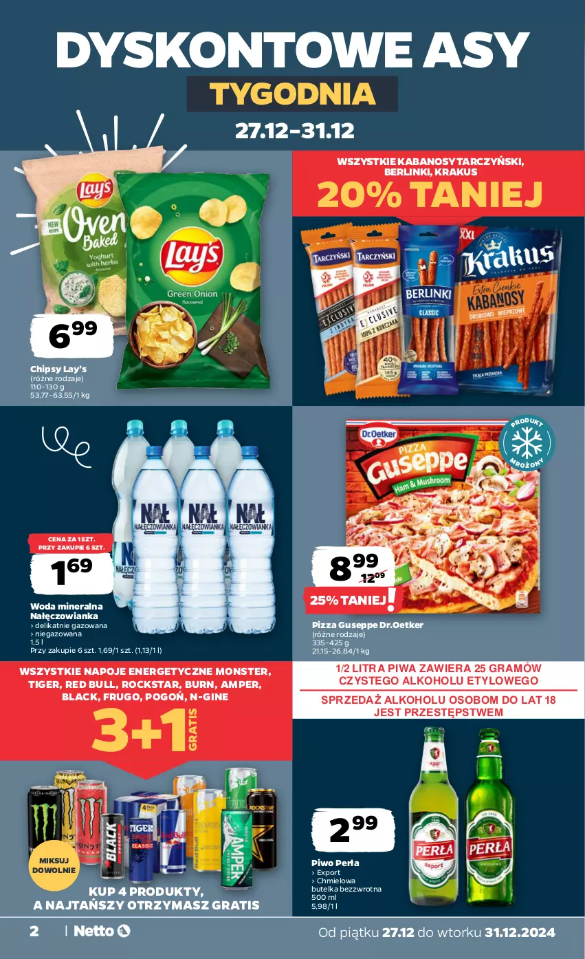 Gazetka promocyjna Netto - Od Piątku Przemysłowa - ważna 27.12 do 31.12.2024 - strona 2 - produkty: Berlinki, Chipsy, Gin, Gra, Kabanos, Krakus, Lack, Lay’s, Nałęczowianka, Napoje, Perła, Piwa, Piwo, Pizza, Por, Red Bull, Tarczyński, Tiger, Woda, Woda mineralna