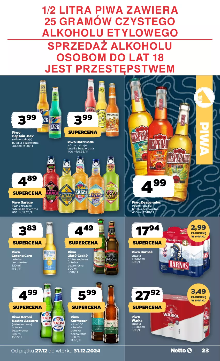 Gazetka promocyjna Netto - Od Piątku Przemysłowa - ważna 27.12 do 31.12.2024 - strona 23 - produkty: Captain Jack, Desperados, Gra, Harnaś, Piwa, Piwo, Warka