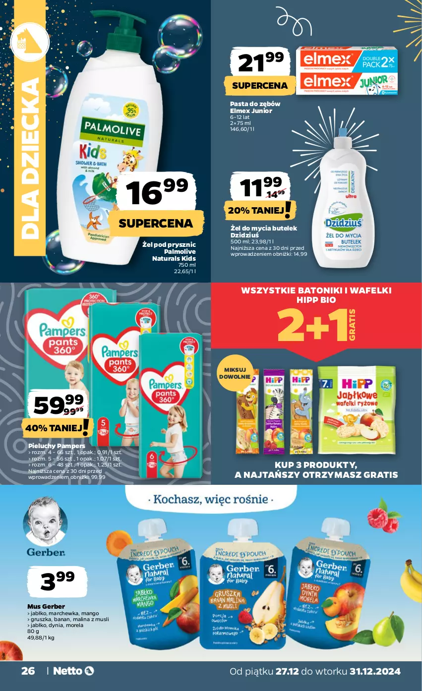 Gazetka promocyjna Netto - Od Piątku Przemysłowa - ważna 27.12 do 31.12.2024 - strona 26 - produkty: Baton, Elmex, Gerber, Gra, HiPP, Hipp Bio, Mango, Marchewka, Morela, Mus, Palmolive, Pampers, Pasta do zębów, Pieluchy, Tonik