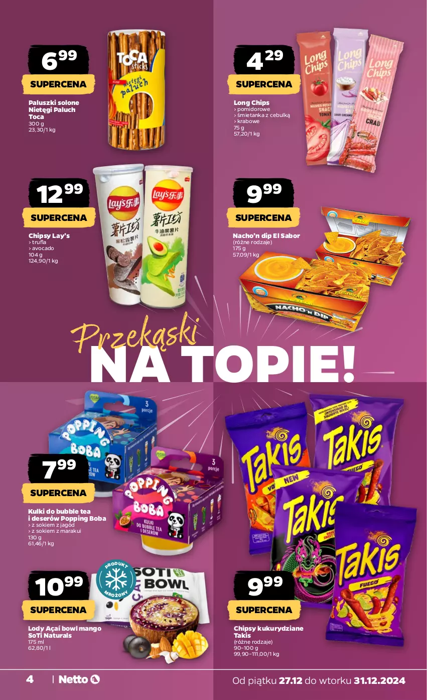 Gazetka promocyjna Netto - Od Piątku Przemysłowa - ważna 27.12 do 31.12.2024 - strona 4 - produkty: Avocado, Chipsy, Deser, Lay’s, Lody, Mango, Ser, Sok, Top