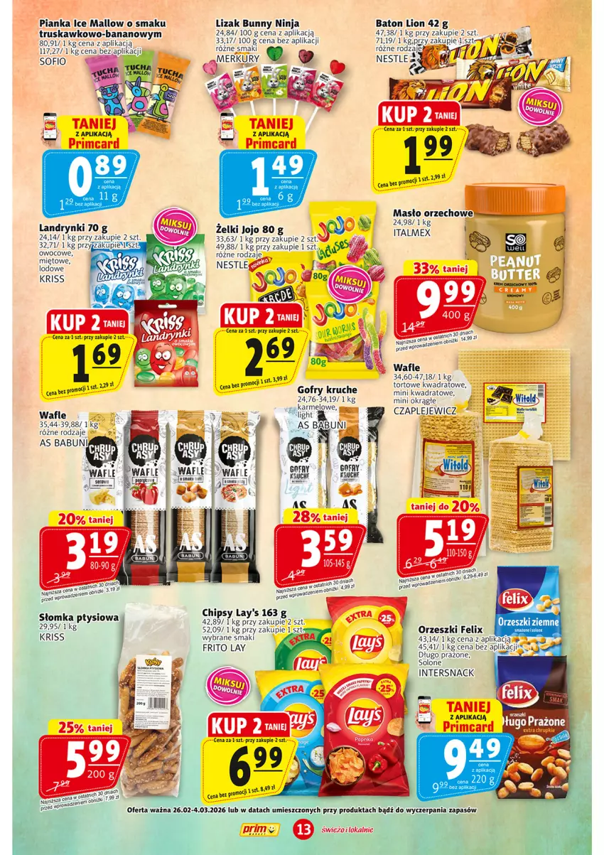 Gazetka promocyjna Prim Market - ważna 26.02 do 04.03.2026 - strona 13 - produkty: Babuni, Baton, Chipsy, Felix, Gofry, LG, Lion, Masło, Orzeszki, Razer, Wafle