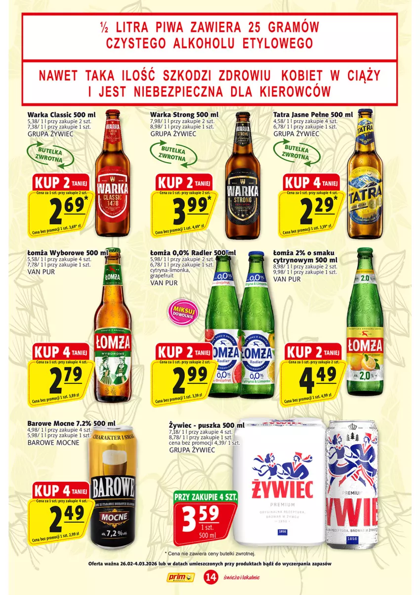 Gazetka promocyjna Prim Market - ważna 26.02 do 04.03.2026 - strona 14 - produkty: Gra, Grejpfrut, Limonka, Piec, Piwa, Pur, Radler, Tatra, Warka