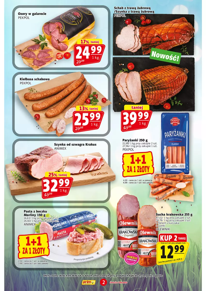 Gazetka promocyjna Prim Market - ważna 26.02 do 04.03.2026 - strona 2 - produkty: Gala, Gra, Kiełbasa, Kiełbasa schabowa, Krakus, Morliny, Pekpol, Ryż, Szynka