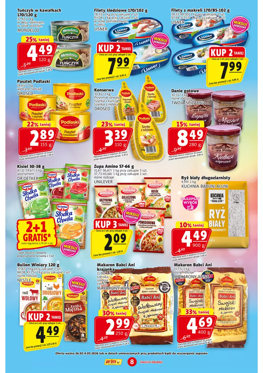 Gazetka promocyjna Prim Market - ważna 26.02 do 04.03.2026 - strona 8 - produkty: Babuni, Bulion, Dell, Kawa, Kisiel, Kuchnia, Lion, Lisner, Makaron, Olej, Pasztet, Podlaski, Por, Rosół, Ryż, Ryż biały, Ser, Sos, Tera, Tuńczyk, Zupa