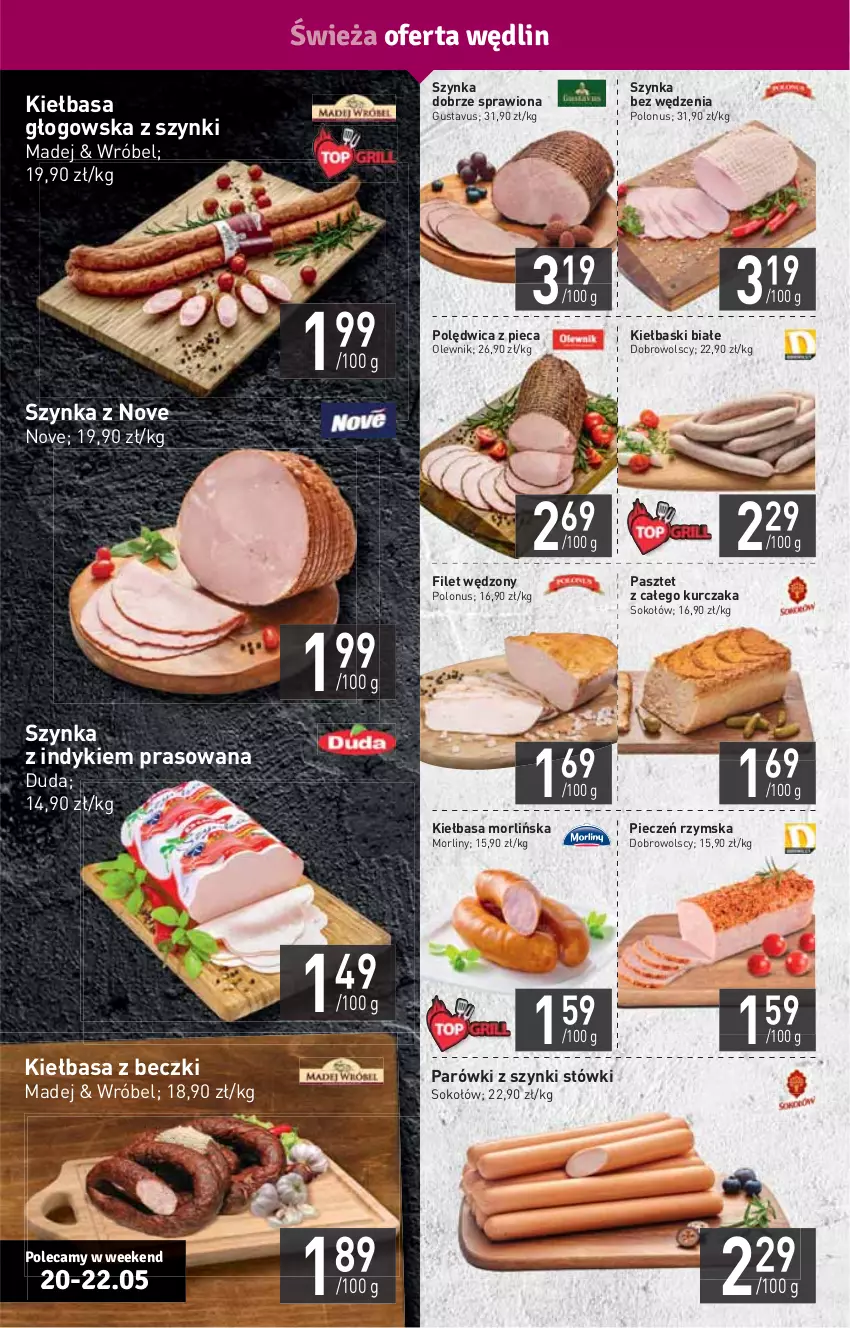 Gazetka promocyjna Stokrotka - Supermarket - ważna 20.05 do 26.05.2021 - strona 4 - produkty: Duda, HP, Kiełbasa, Kiełbasa głogowska, Kiełbaski białe, Kurczak, Morliny, Olewnik, Parówki, Parówki z szynki, Pasztet, Piec, Pieczeń rzymska, Polędwica, Sok, Sokołów, Szynka