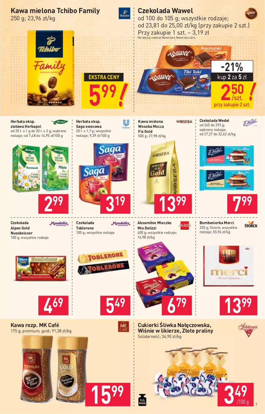 Gazetka promocyjna Stokrotka - Supermarket - ważna 20.05 do 26.05.2021 - strona 7 - produkty: Aksam, Cukier, Cukierki, Czekolada, Fa, Herbapol, Herbata, Kawa, Kawa mielona, Likier, Merci, Mleczko, Mocca Fix Gold, Praliny, Saga, Ser, Tchibo, Tchibo Family, Toblerone, Wawel, Woseba