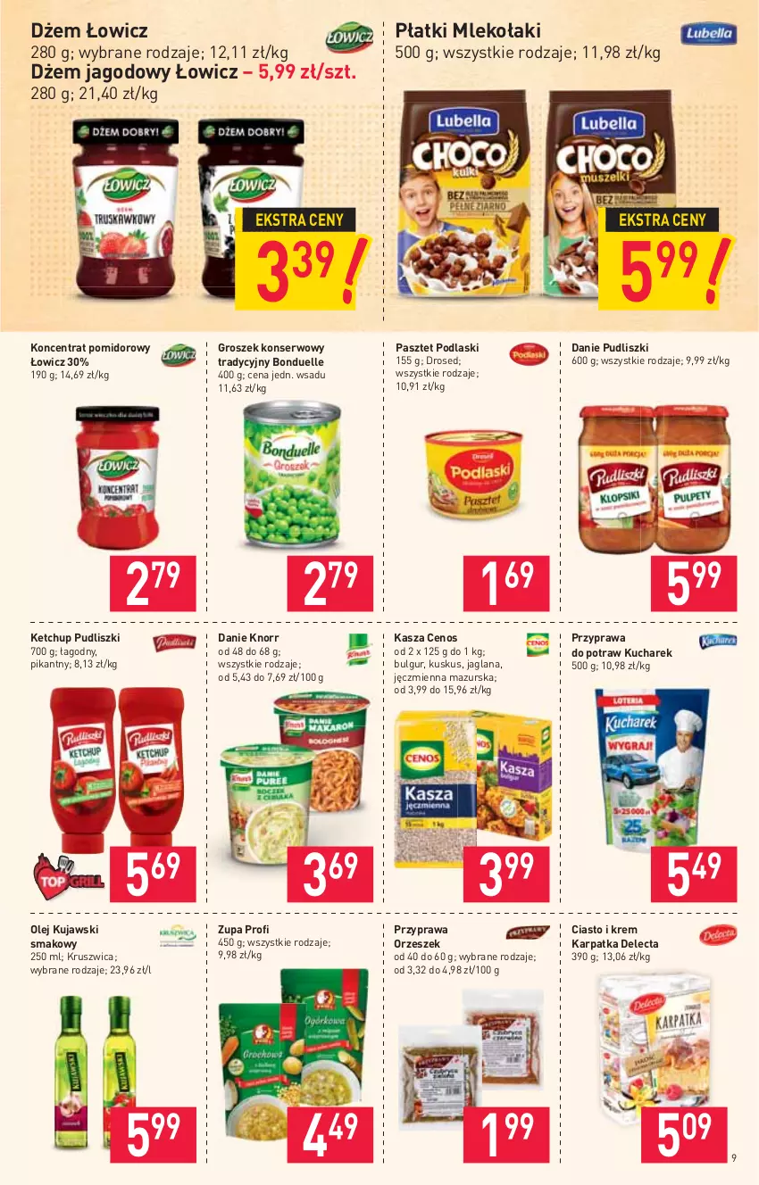 Gazetka promocyjna Stokrotka - Supermarket - ważna 20.05 do 26.05.2021 - strona 9 - produkty: Bonduelle, Bulgur, Cenos, Delecta, Dżem, Groszek, Karp, Kasza, Ketchup, Knorr, Koncentrat pomidorowy, Kucharek, Kujawski, Kuskus, LANA, LG, Mleko, Olej, Pasztet, Podlaski, Przyprawa do potraw, Pudliszki, Ser, Zupa