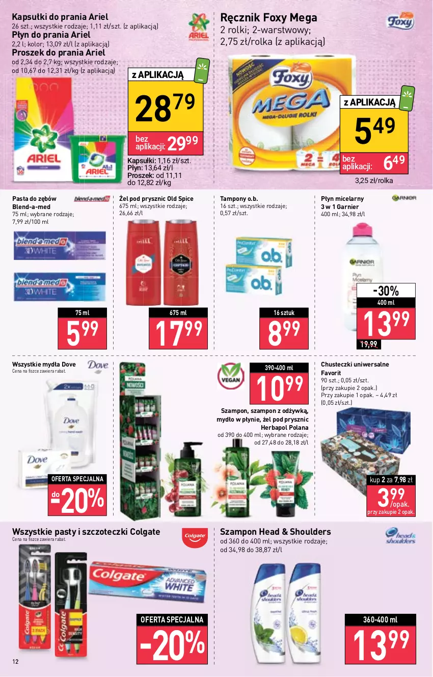 Gazetka promocyjna Stokrotka - Katalog Urodzinowy - ważna 15.09 do 28.09.2022 - strona 12 - produkty: Ariel, Blend-a-Med, Chusteczki, Colgate, Dove, Fa, Foxy, Garnier, Herbapol, Kapsułki do prania, LANA, LG, Mydło, Mydło w płynie, O.B., Old Spice, Pasta do zębów, Płyn do prania, Płyn micelarny, Proszek do prania, Ręcznik, Rolki, Szampon, Tampony