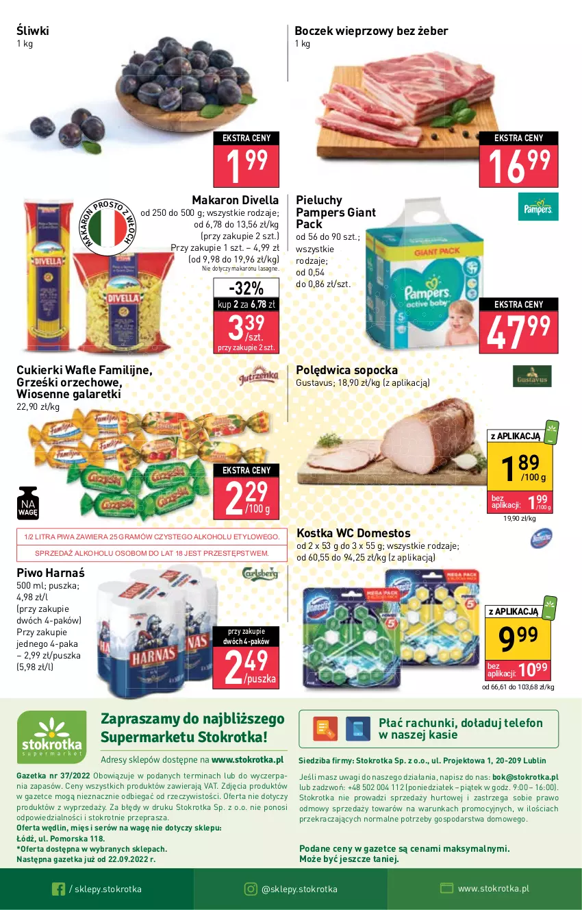 Gazetka promocyjna Stokrotka - Katalog Urodzinowy - ważna 15.09 do 28.09.2022 - strona 16 - produkty: Boczek, Boczek wieprzowy, Cukier, Cukierki, Domestos, Dres, Fa, Gala, Galaretki, Gra, Grześki, Harnaś, JBL, Lasagne, Makaron, O nas, Pampers, Pieluchy, Piwa, Piwo, Polędwica, Ser, Telefon, Wafle, Wagi