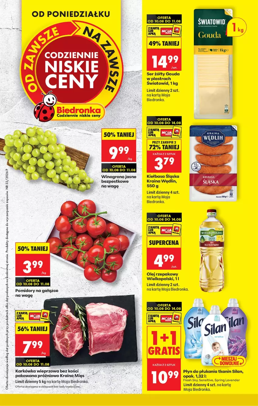 Gazetka promocyjna Biedronka - Od Poniedziałku - ważna 10.08 do 11.08.2026 - strona 1 - produkty: Fa, Gouda, Karkówka wieprzowa, Kiełbasa, Kiełbasa śląska, Kret, Olej, Olej rzepakowy, Płyn do płukania, Pomidory, Ser, Silan, Wino