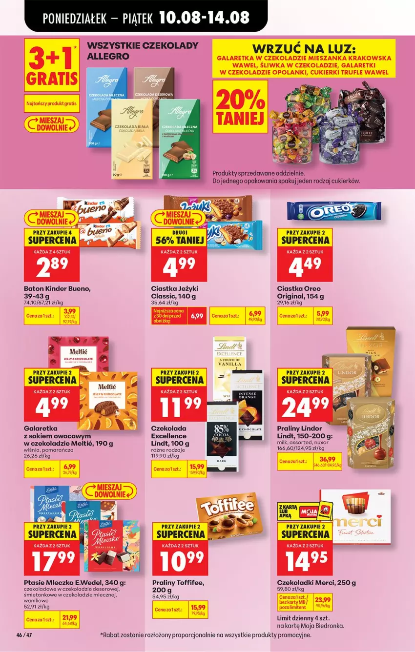 Gazetka promocyjna Biedronka - Od Poniedziałku - ważna 10.08 do 11.08.2026 - strona 64 - produkty: Allegro, Baton, Ciastka, Cukier, Czekolada, Deser, Gala, Galaretka, Gin, Kinder, Kinder Bueno, Lindor, Lindt, Merci, Mleczko, Oreo, Por, Praliny, Ptasie mleczko, Ser, Sok, Toffifee