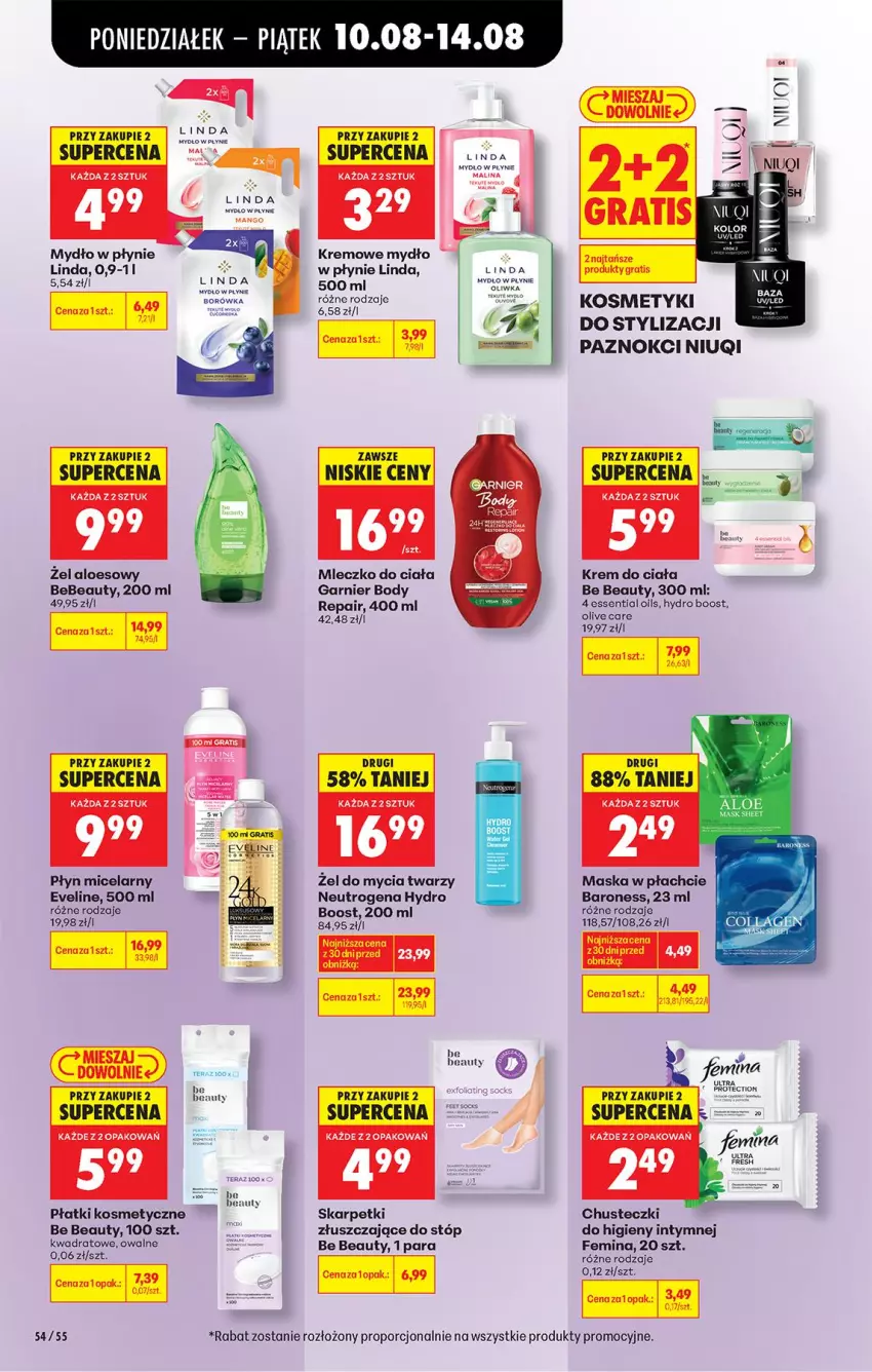 Gazetka promocyjna Biedronka - Od Poniedziałku - ważna 10.08 do 11.08.2026 - strona 74 - produkty: Be Be, Body, Borówka, Chusteczki, Eveline, Fa, Garnier, Gra, Karp, Krem do ciała, Maska, Maska w płachcie, Mleczko, Mleczko do ciała, Mydło, Mydło w płynie, Neutrogena, Niuqi, Nuty, Płatki kosmetyczne, Płyn micelarny, Por, Skarpetki, Tera