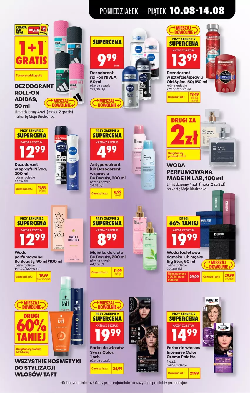 Gazetka promocyjna Biedronka - Od Poniedziałku - ważna 10.08 do 11.08.2026 - strona 75 - produkty: Adidas, Antyperspirant, Be Be, Color Creme, Dezodorant, Fa, Farba do włosów, Gra, Nivea, Nuty, Old Spice, Palette, Perfum, Por, Syoss, Taft, Woda, Woda perfumowana, Woda toaletowa