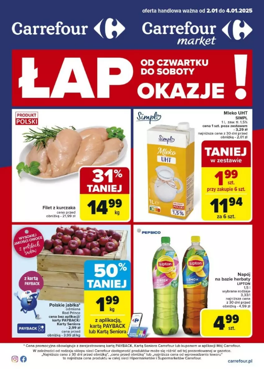 Gazetka promocyjna Carrefour - ważna 02.01 do 04.01.2025 - strona 1 - produkty: Jabłka, Kurczak, Lipton, Napój, Pepsi