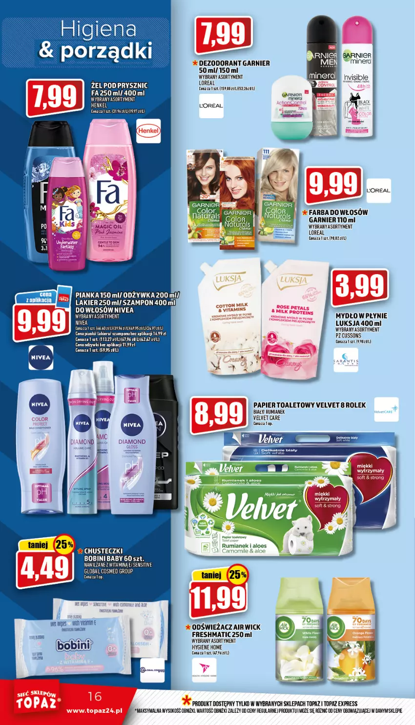 Gazetka promocyjna Topaz - Gazetka - ważna 10.03 do 16.03.2022 - strona 16 - produkty: Dezodorant, Fa, Farba do włosów, Garnier, Luksja, Mydło, Papier, Papier toaletowy, Parka, Rum, Sok, Top, Velvet