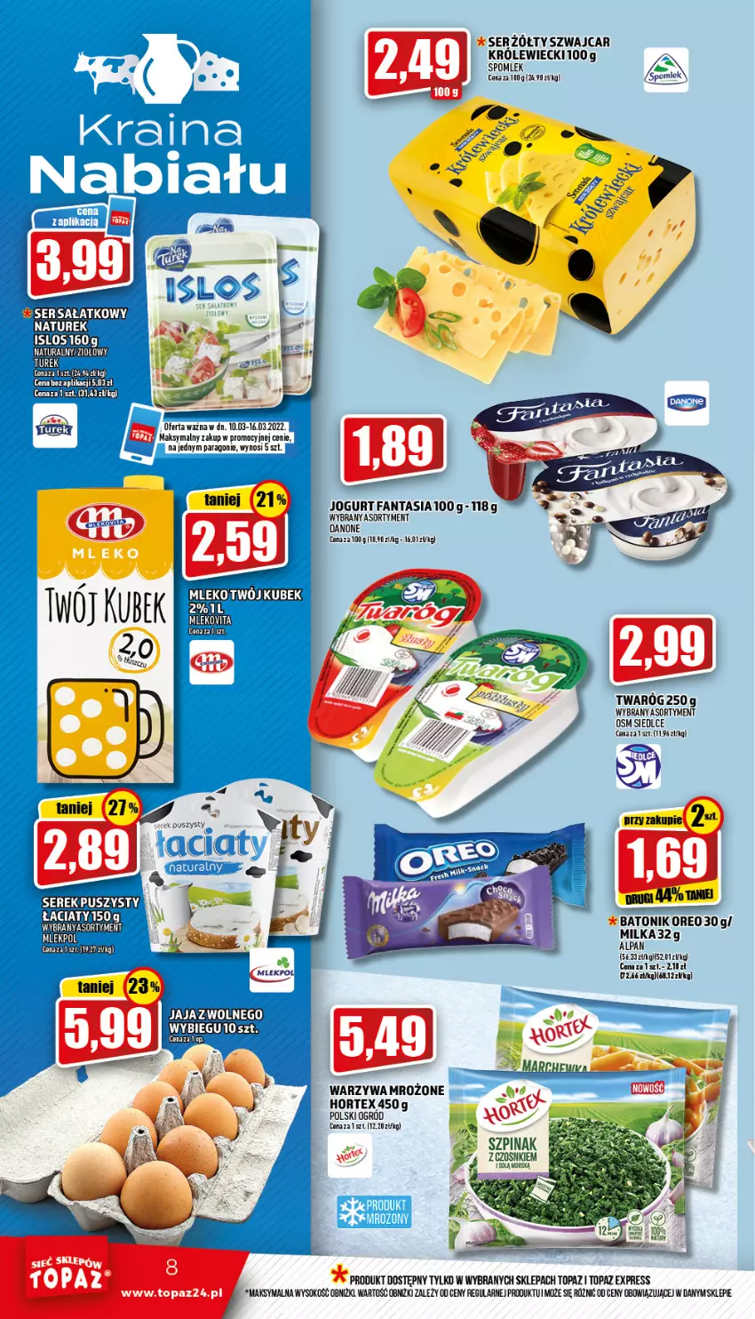 Gazetka promocyjna Topaz - Gazetka - ważna 10.03 do 16.03.2022 - strona 8 - produkty: Baton, Fa, Fanta, Hortex, Jaja, Jogurt, Milka, Mleko, Mlekovita, Ogród, Oreo, Ser, Sok, Tonik, Top, Twaróg, Vita C, Warzywa