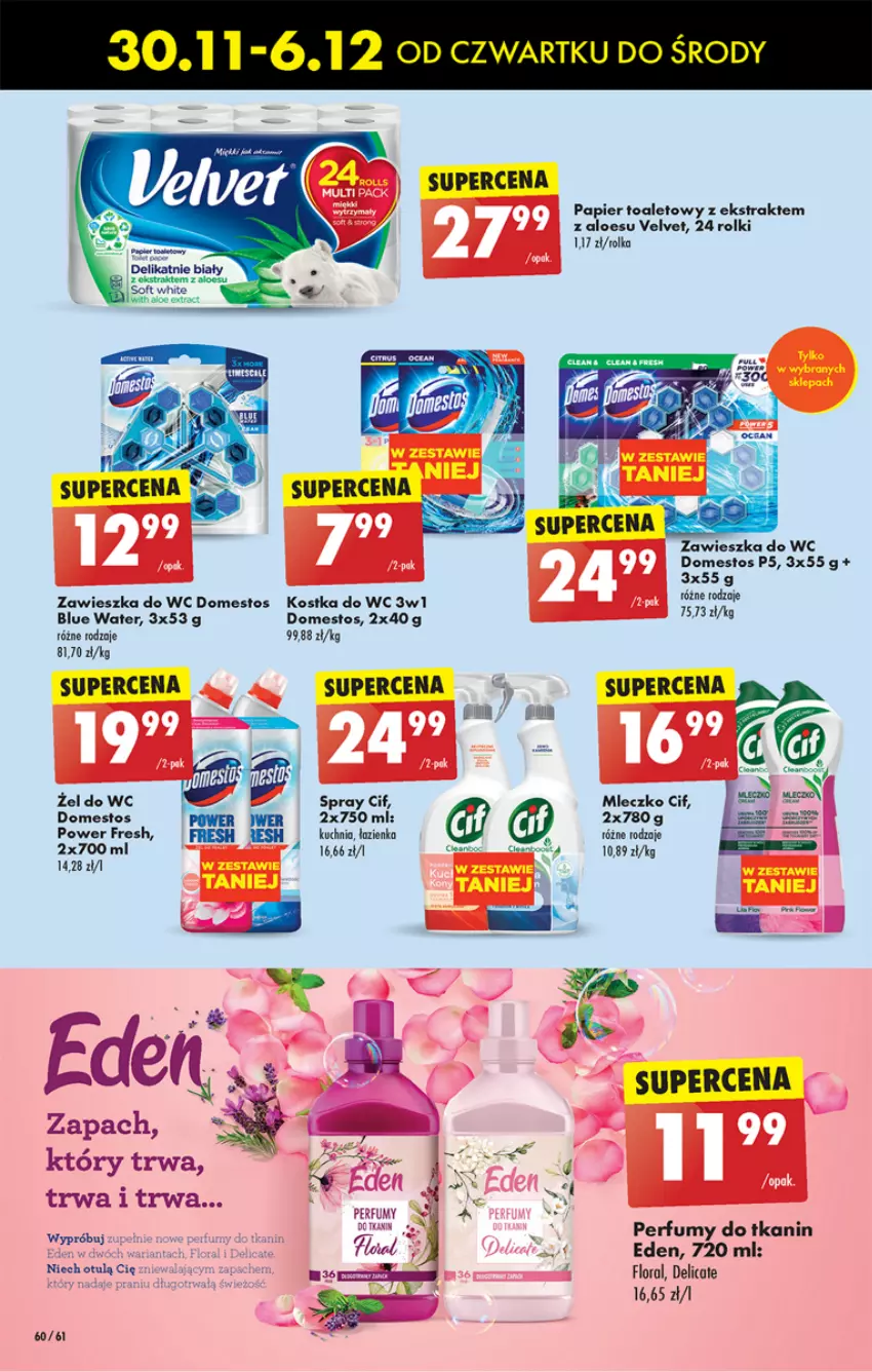 Gazetka promocyjna Biedronka - Od czwartku - ważna 30.11 do 06.12.2023 - strona 62 - produkty: Cif, Domestos, Flora, Kuchnia, Mleczko, Papier, Papier toaletowy, Perfum, Rolki, Velvet, Zawieszka do wc