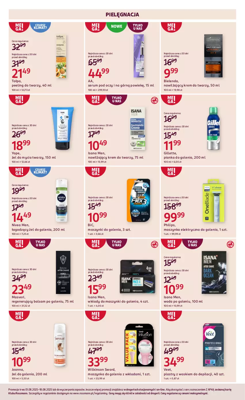 Gazetka promocyjna Rossmann - 1 sierpnia - ważna 01.08 do 18.08.2025 - strona 10 - produkty: Balsam po goleniu, BIC, Bielenda, Gillette, Isana, Joanna, Krem do twarzy, Maszynka, Maszynka do golenia, Nivea, Nivea Men, Peeling, Philips, Pianka do golenia, Rum, Ser, Serum, Serum pod oczy, Szynka, Tołpa, Veet, Wilkinson Sword, Woda, Woda po goleniu, Yope