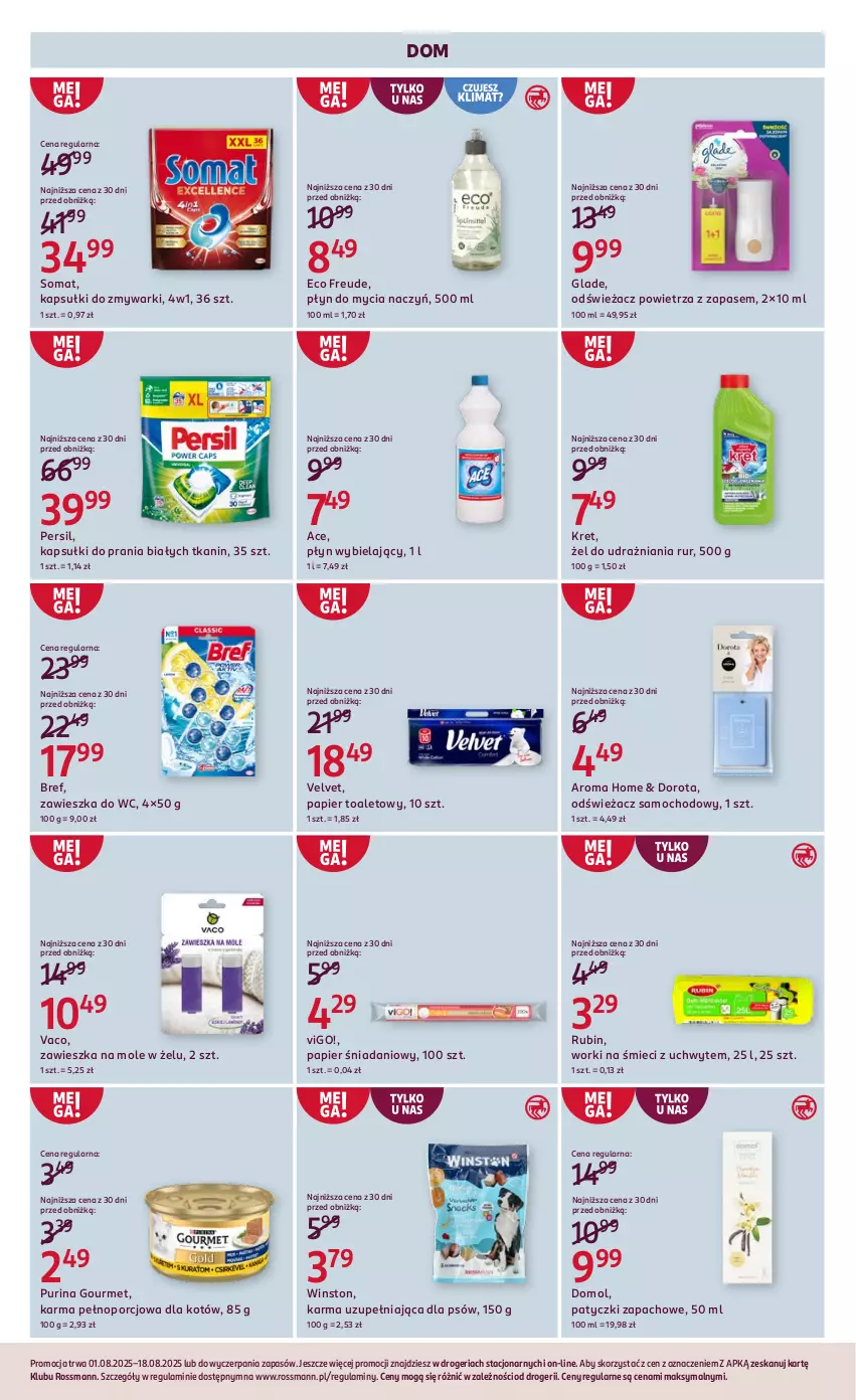 Gazetka promocyjna Rossmann - 1 sierpnia - ważna 01.08 do 18.08.2025 - strona 13 - produkty: Bref, Danio, Do mycia naczyń, Domol, Kapsułki do prania, Kret, Odświeżacz powietrza, Papier, Papier toaletowy, Persil, Płyn do mycia, Płyn do mycia naczyń, Por, Pur, Purina, Rubin, Somat, Velvet, Winston, Worki na śmiec, Worki na śmieci, Zawieszka do wc, Zmywarki