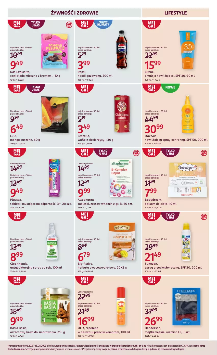 Gazetka promocyjna Rossmann - 1 sierpnia - ważna 01.08 do 18.08.2025 - strona 15 - produkty: Antybakteryjny spray, Babydream, Balsam do ciała, Basia, Czekolada, Czekolada mleczna, DAX, Emulsja, Exquisite, Herbata, Lirene, Majtki, Mango, Mango suszone, Mus, Napój, Napój gazowany, Pepsi, Por, Tablet, Tabletki musujące, Wafle, Zdrowie