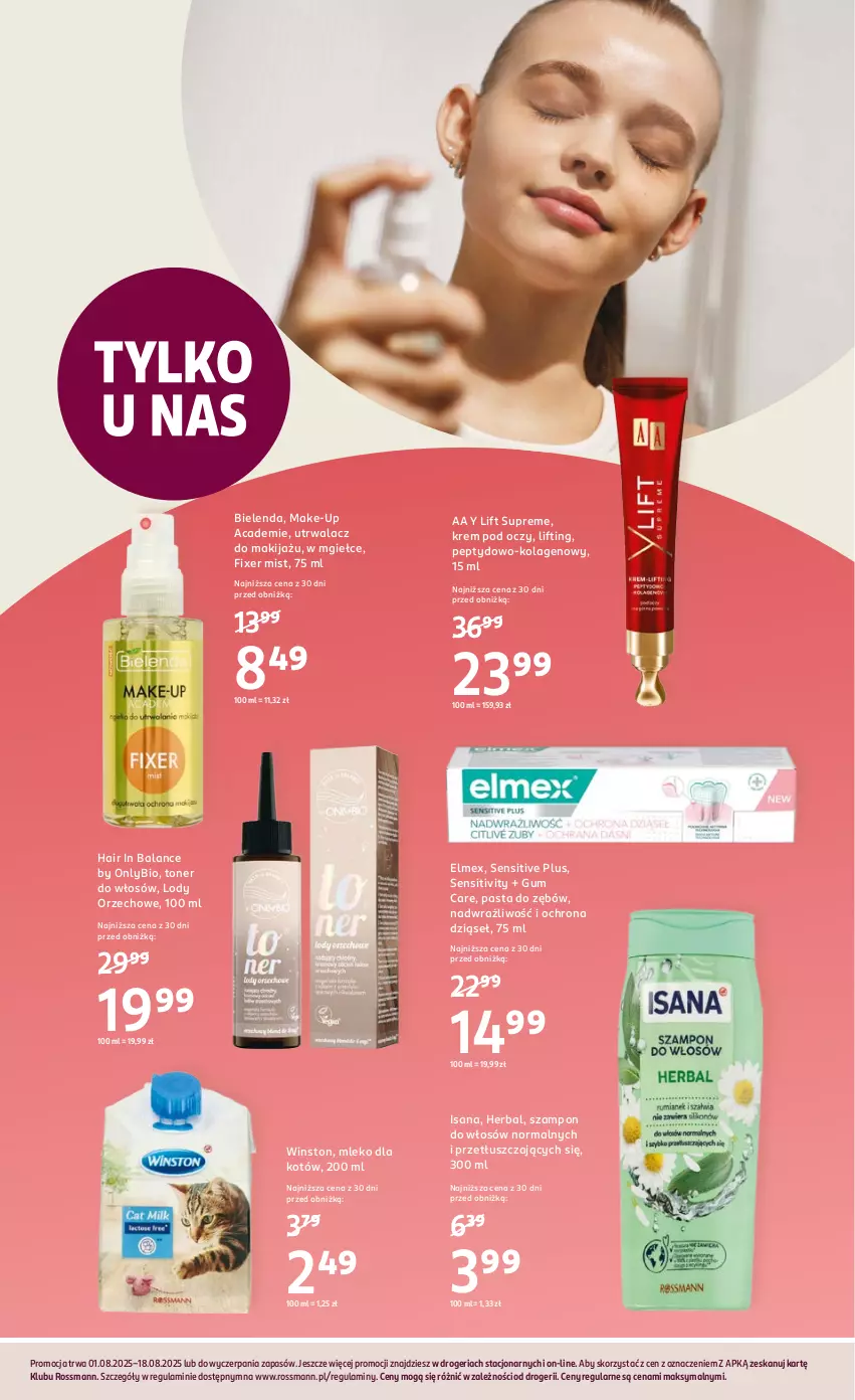 Gazetka promocyjna Rossmann - 1 sierpnia - ważna 01.08 do 18.08.2025 - strona 3 - produkty: Bielenda, Elmex, Isana, Kolagen, Krem pod oczy, Lody, Makijaż, Mleko, Mleko dla kotów, Pasta do zębów, Szampon, Winston