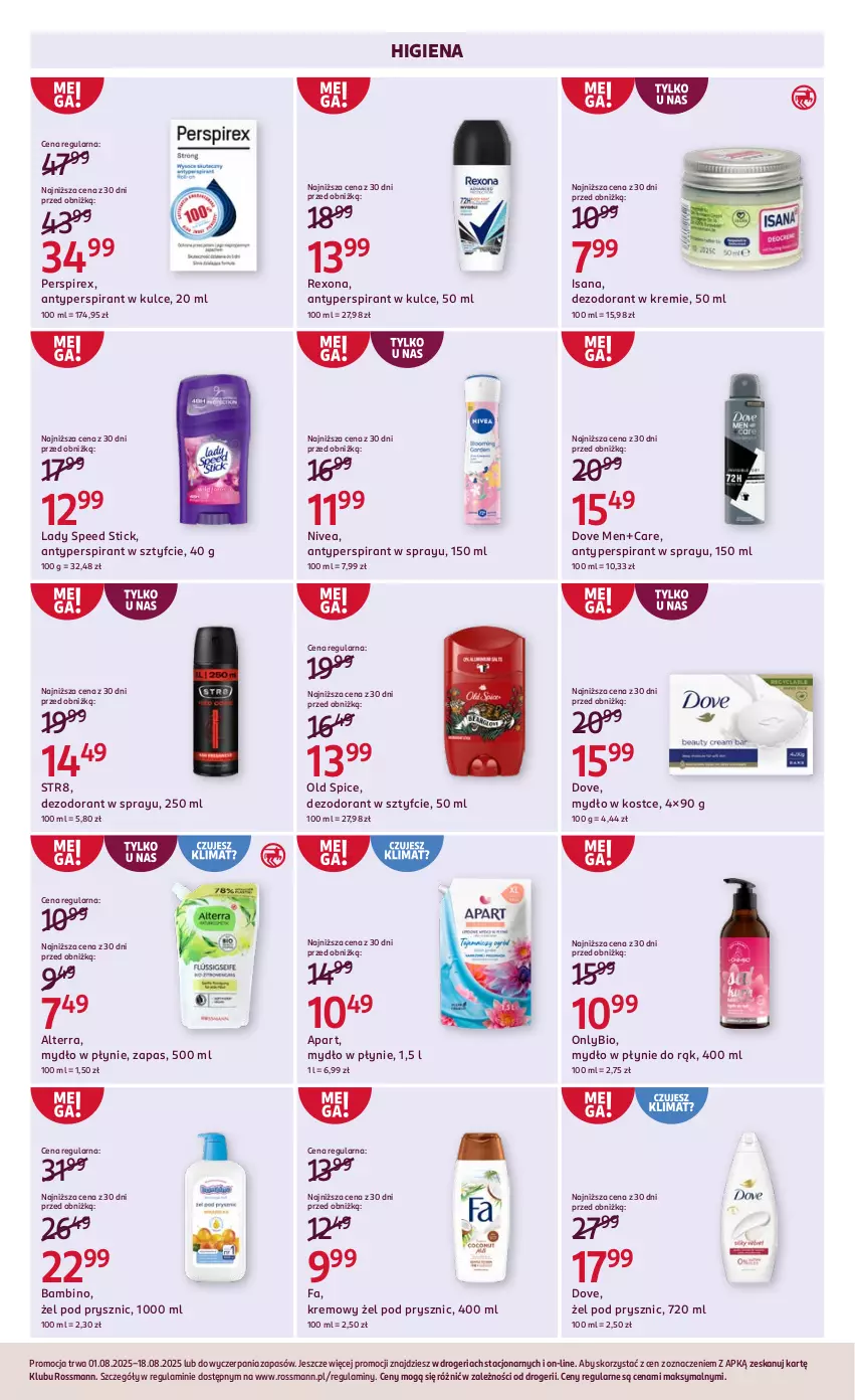 Gazetka promocyjna Rossmann - 1 sierpnia - ważna 01.08 do 18.08.2025 - strona 4 - produkty: Alterra, Antyperspirant, Dezodorant, Dove, Fa, Isana, Lady Speed Stick, Mydło, Mydło w płynie, Nivea, Old Spice, Rexona, Str8