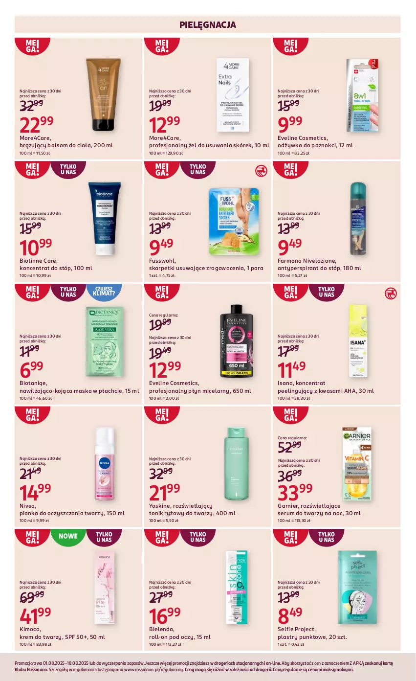 Gazetka promocyjna Rossmann - 1 sierpnia - ważna 01.08 do 18.08.2025 - strona 9 - produkty: Antyperspirant, Antyperspirant do stóp, Balsam do ciała, Bielenda, Eveline, Fa, Garnier, Isana, Karp, Krem do twarzy, Maska, Maska w płachcie, Nivea, Nivelazione, Odżywka, Peeling, Płyn micelarny, Rum, Ryż, Ser, Serum, Serum do twarzy, Skarpetki, Tonik, Wasa, Yoskine