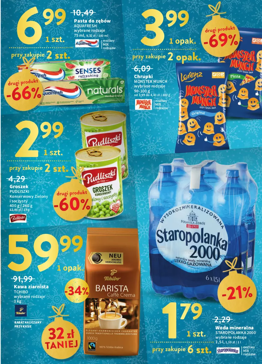 Gazetka promocyjna Intermarche - Gazetka Intermarche - ważna 08.12 do 14.12.2022 - strona 39 - produkty: Aquafresh, Chrupki, Groszek, Kawa, Kawa ziarnista, Monster Munch, Pasta do zębów, Pudliszki, Ser, Staropolanka, Tchibo, Woda, Woda mineralna