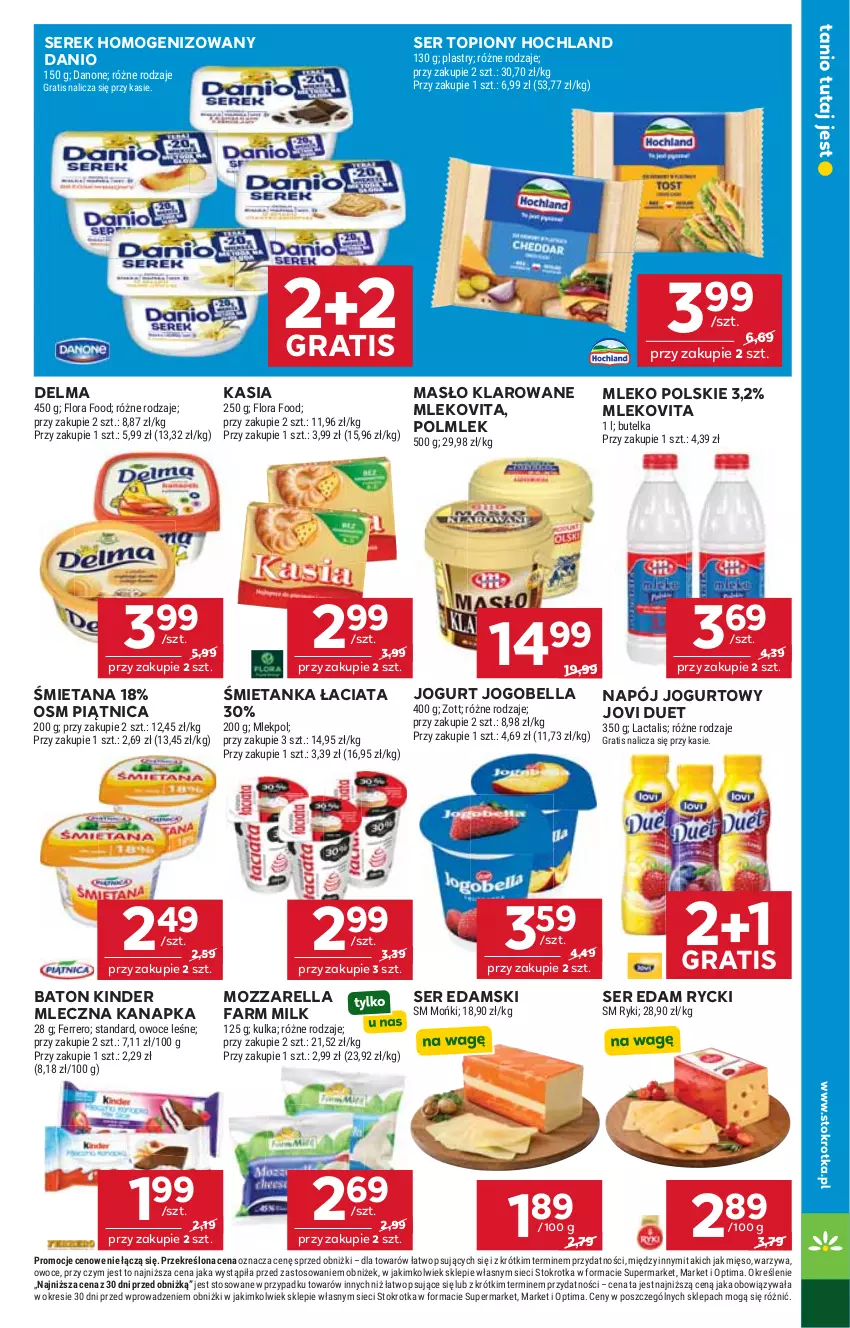 Gazetka promocyjna Stokrotka - Supermarket - ważna 29.10 do 04.11.2026 - strona 26 - produkty: Baton, Bell, Bella, Danio, Danone, Delma, Edam, Fa, Farm Milk, Ferrero, Flora, Gra, Hochland, Jogobella, Jogurt, Kasia, Kinder, Masło, Masło klarowane, Mięso, Mleczna kanapka, Mleko, Mlekovita, Mozzarella, Napój, Napój jogurtowy, Optima, Owoce, Piątnica, POLMLEK, Ser, Ser topiony, Serek, Serek homogenizowany, Top, Warzywa, Zott