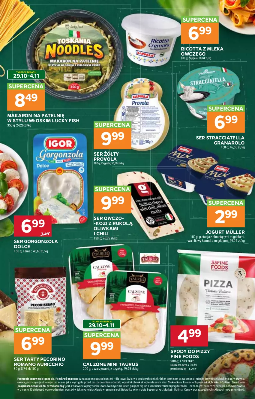 Gazetka promocyjna Stokrotka - Supermarket - ważna 29.10 do 04.11.2026 - strona 41 - produkty: Gorgonzola, Gra, Jogurt, Makaron, Mięso, Müller, Optima, Owoce, Pecorino, Ricotta, Ser, Warzywa