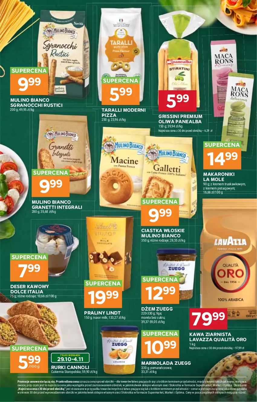 Gazetka promocyjna Stokrotka - Supermarket - ważna 29.10 do 04.11.2026 - strona 43 - produkty: Ciastka, Cukier, Deser, Dżem, Gra, Grissini, Kawa, Kawa ziarnista, Lavazza, Lindt, Makaron, Marmolada, Mięso, Mola, Morela, Oliwa, Optima, Owoce, Pizza, Praliny, Rurki, Rust, Ser, Warzywa