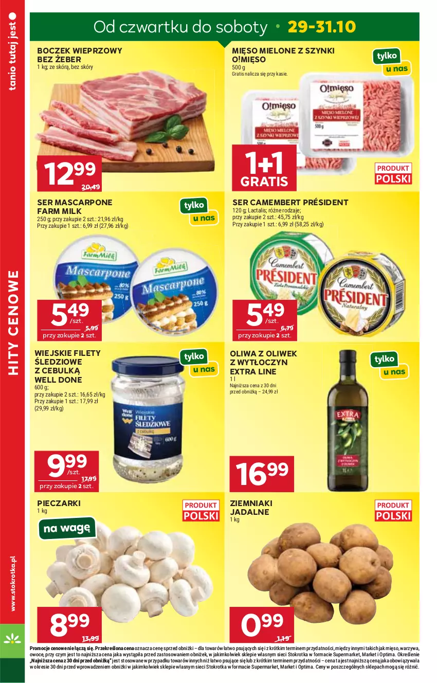 Gazetka promocyjna Stokrotka - Supermarket - ważna 29.10 do 04.11.2026 - strona 7 - produkty: Boczek, Boczek wieprzowy, Camembert, Fa, Farm Milk, Gra, Mascarpone, Mięso, Mięso mielone, Mięso mielone z szynki, Oliwa, Oliwa z oliwek, Optima, Owoce, Piec, Président, Ser, Warzywa, Ziemniaki