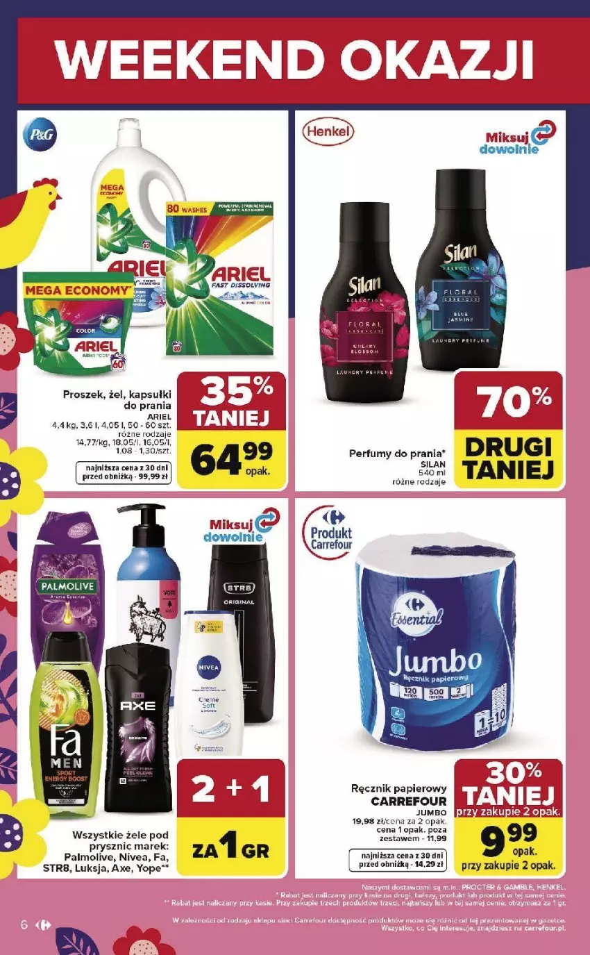 Gazetka promocyjna Carrefour - Gazetka Weekend okazji już od czwartku! - ważna 19.03 do 21.03.2026 - strona 6 - produkty: Ariel, Fa, Flora, Kapsułki do prania, Luksja, Nivea, Palmolive, Papier, Perfum, Ręcznik, Str8, Yope