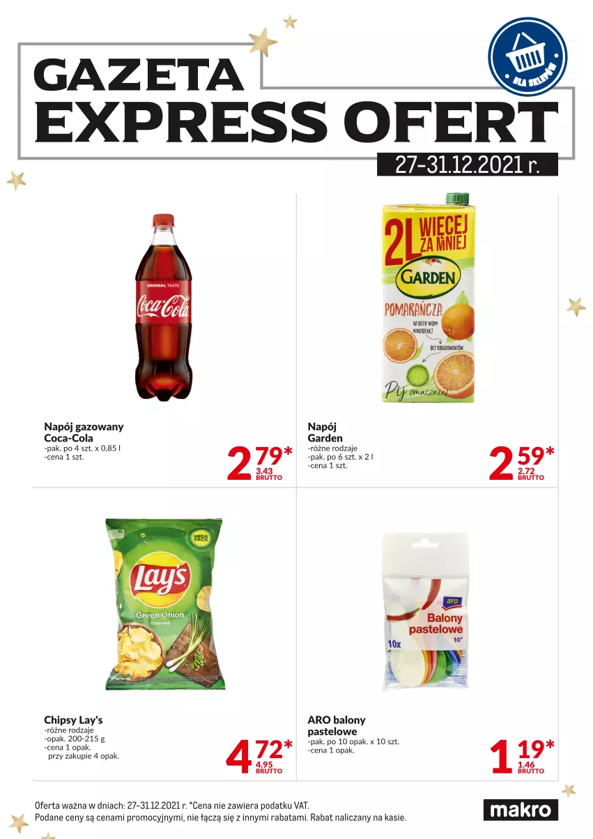 Gazetka promocyjna Makro - [Oferta specjalna] Express ofert - ważna 27.12 do 31.12.2021 - strona 1 - produkty: Balony, Chipsy, Coca-Cola, Napój, Napój gazowany