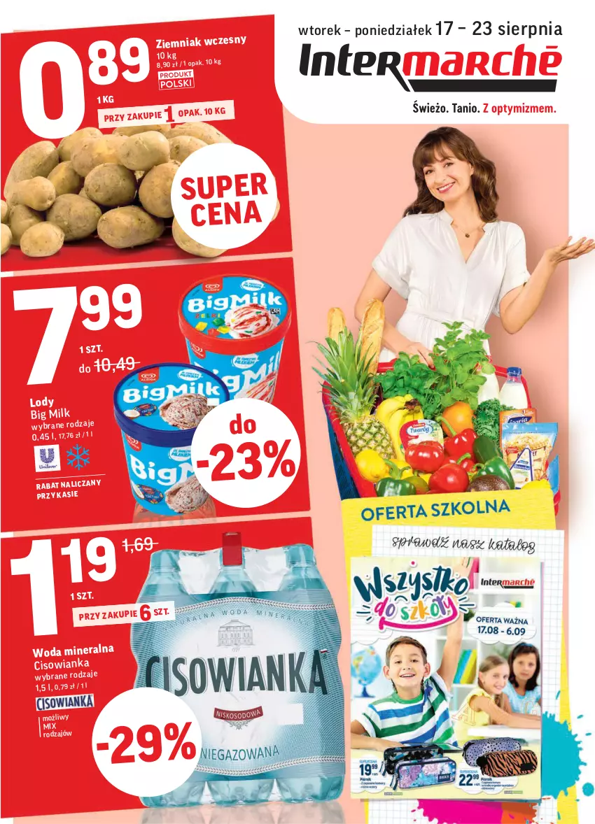 Gazetka promocyjna Intermarche - Gazetka promocyjna - ważna 17.08 do 23.08.2021 - strona 1 - produkty: Big Milk, Cisowianka, Lody, Woda, Woda mineralna