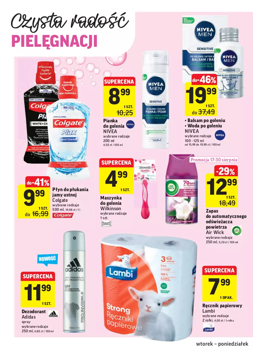 Gazetka promocyjna Intermarche - Gazetka promocyjna - ważna 17.08 do 23.08.2021 - strona 34 - produkty: Adidas, Air Wick, Balsam po goleniu, Colgate, Dezodorant, LG, Maszynka, Maszynka do golenia, Nivea, Papier, Pianka do golenia, Płyn do płukania, Płyn do płukania jamy ustnej, Ręcznik, Rolki, Szynka, Woda, Woda po goleniu