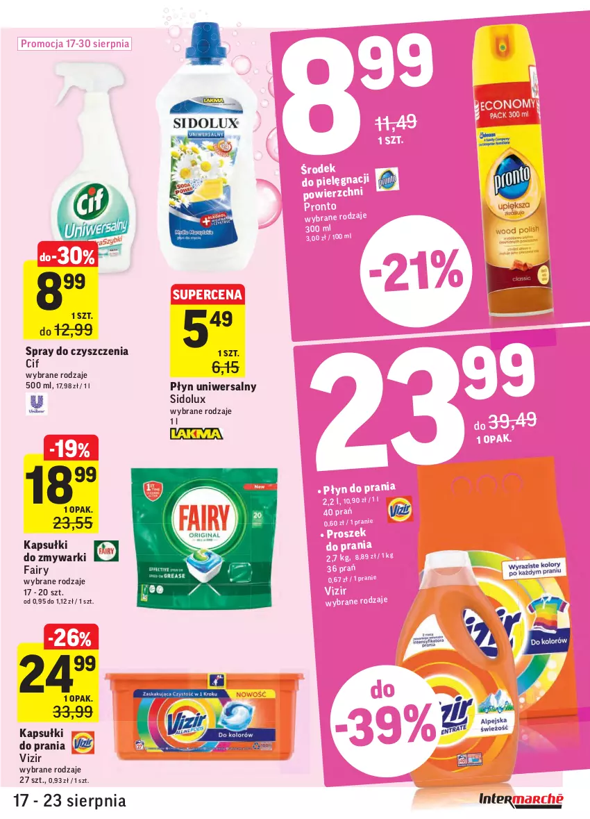 Gazetka promocyjna Intermarche - Gazetka promocyjna - ważna 17.08 do 23.08.2021 - strona 35 - produkty: Cif, Fa, Fairy, Kapsułki do prania, Pronto, Proszek do prania, Sidolux, Spray do czyszczenia, Vizir, Zmywarki