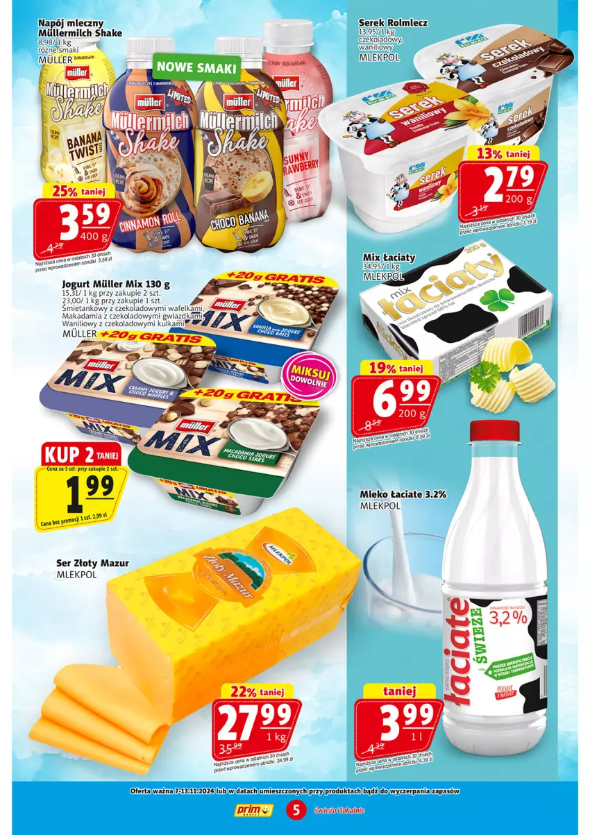 Gazetka promocyjna Prim Market - ważna 07.11 do 13.11.2024 - strona 5 - produkty: Gra, Jogurt, Mleko, Napój, Napój mleczny, Rolmlecz, Ser, Serek, Złoty Mazur