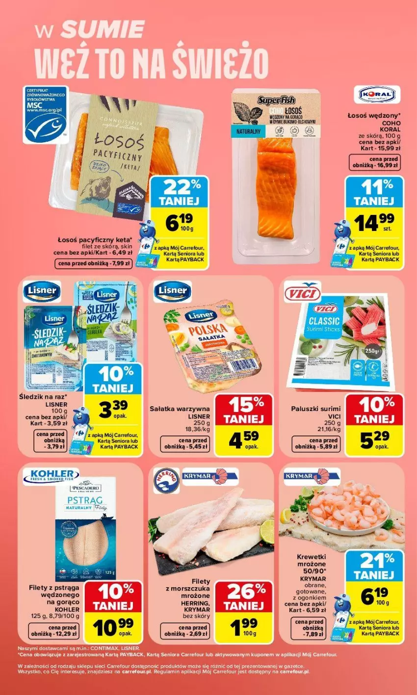 Gazetka promocyjna Carrefour - Gazetka Carrefour, Market w SUMIE weź to na świeżo - ważna 22.06 do 28.06.2026 - strona 3 - produkty: Krewetki, Lisner, Piwo, Pstrąg, Sałat, Sałatka, Sałatka warzywna, Surimi