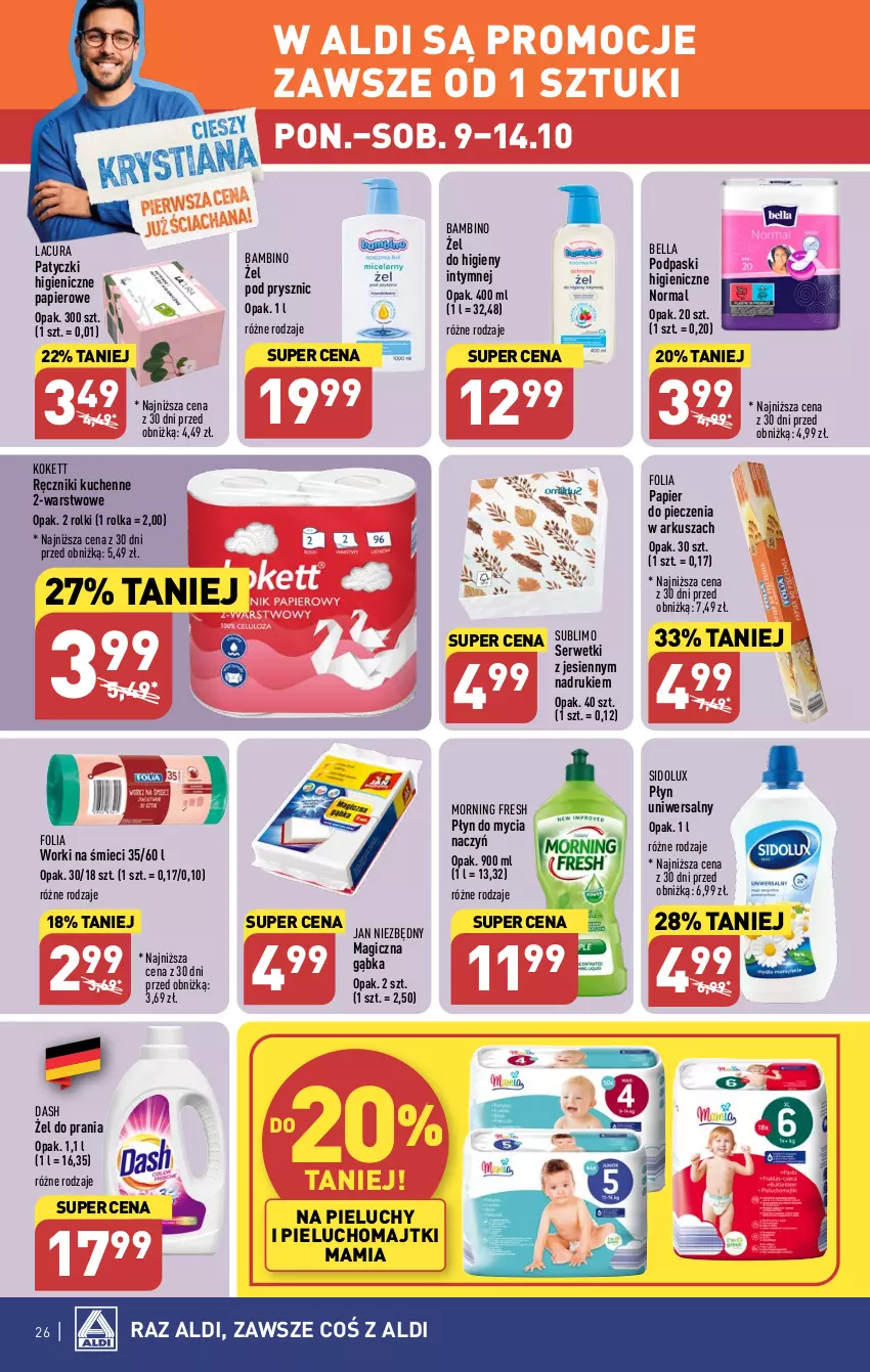 Gazetka promocyjna Aldi - Pełna oferta - ważna 09.10 do 14.10.2023 - strona 26 - produkty: Bell, Bella, Do mycia naczyń, Jan Niezbędny, Majtki, Papier, Papier do pieczenia, Piec, Pieluchomajtki, Pieluchy, Płyn do mycia, Płyn do mycia naczyń, Podpaski, Ręcznik, Rolki, Ser, Serwetki, Sidolux, Worki na śmiec, Worki na śmieci