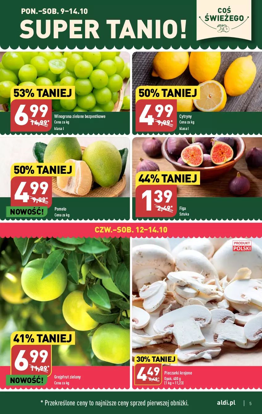 Gazetka promocyjna Aldi - Pełna oferta - ważna 09.10 do 14.10.2023 - strona 5 - produkty: Cytryny, Grejpfrut, Piec, Pieczarki krojone, Pomelo, Wino, Winogrona