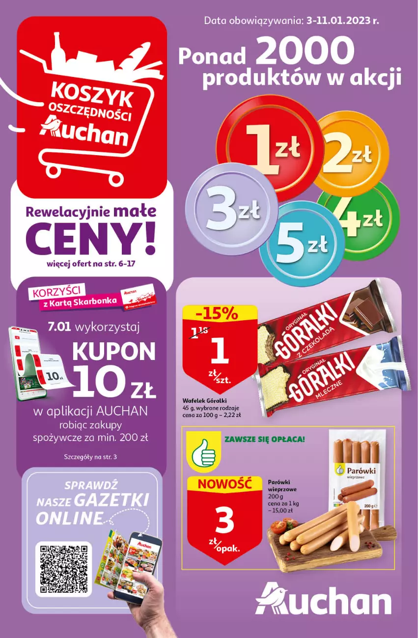 Gazetka promocyjna Auchan - Gazetka Rewelacyjnie małe ceny Auchan Hipermarket - ważna 03.01 do 11.01.2023 - strona 1 - produkty: Góralki, Parówki, Wafelek