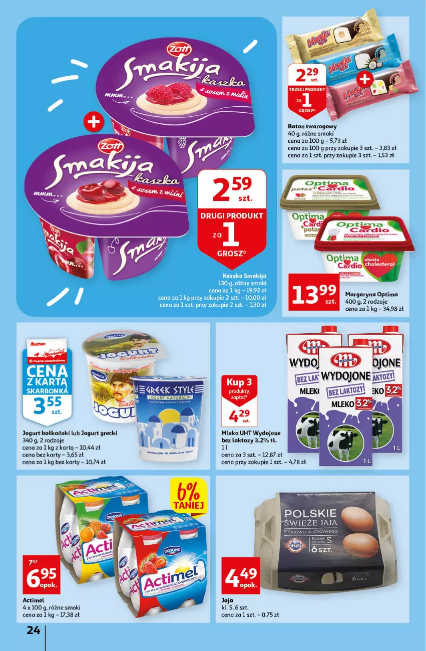 Gazetka promocyjna Auchan - Gazetka Rewelacyjnie małe ceny Auchan Hipermarket - ważna 03.01 do 11.01.2023 - strona 24 - produkty: Actimel, Baton, Jaja, Jogurt, Margaryna, Mleko, Optima